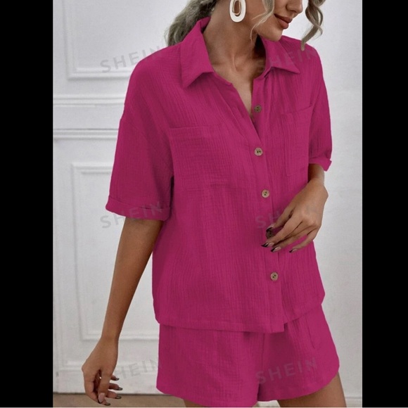 Drop Shoulder Dual Pocket Shirt & Short Two Piece Set - Picture 3 of 5